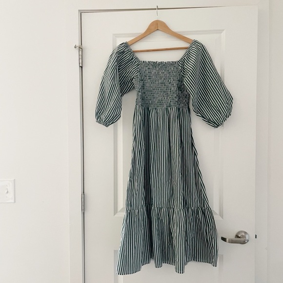Maxwell & Geraldine Charlotte Smocked Striped Midi Dress Forest Green - Picture 5 of 10